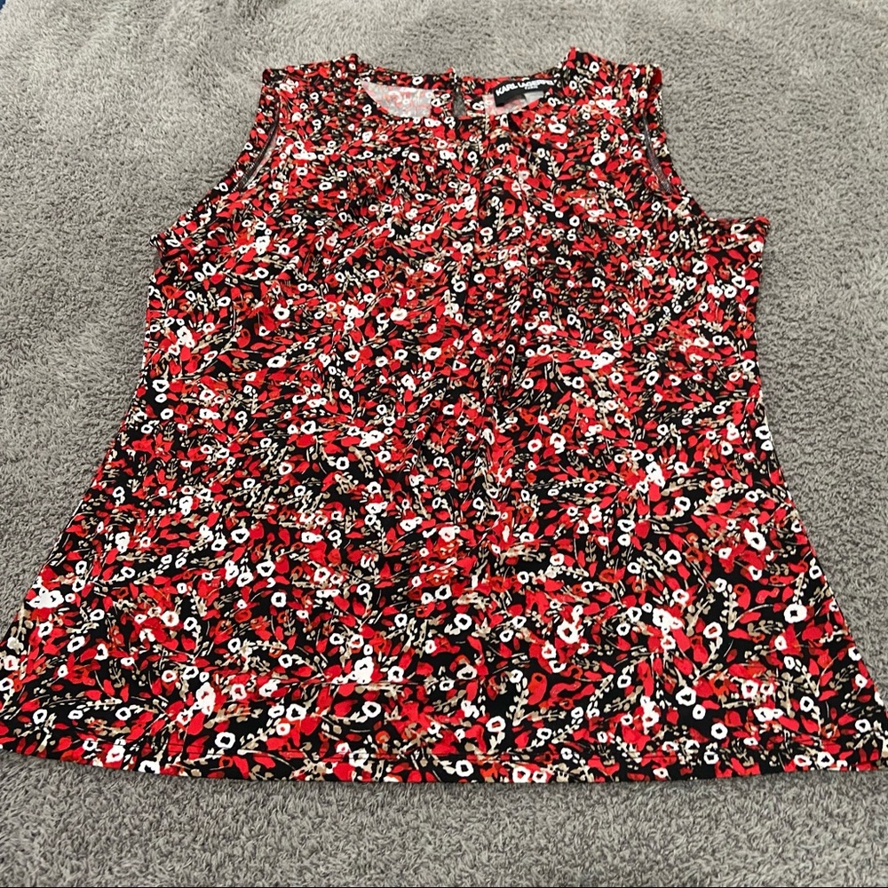 Karl Lagerfield Floral Sleeveless Blouse, Pearl Button Detail